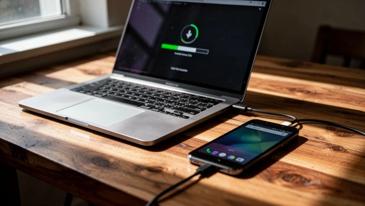 Windows laptop screen shows MyPhoneExplorer installer with USB cable to Android phone on wooden desk.