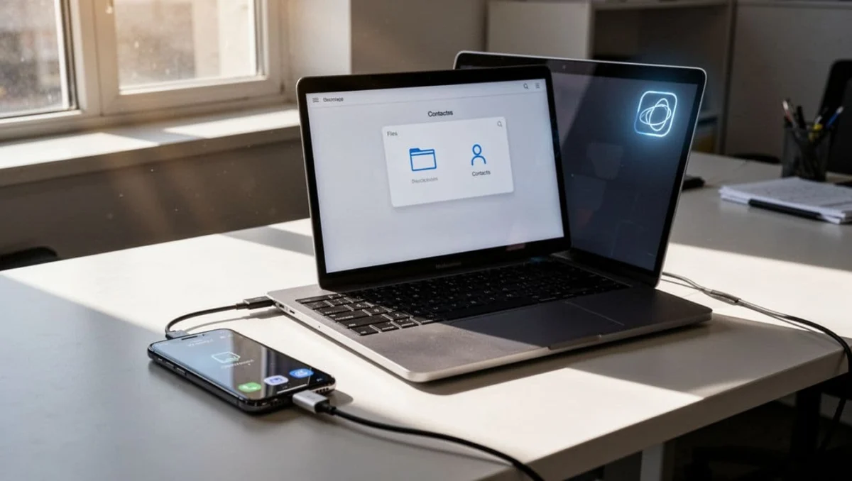 Office desk with Windows laptop showing Android file explorer and contacts, USB-connected smartphone beside keyboard and mouse, subtle dashboard icon.
