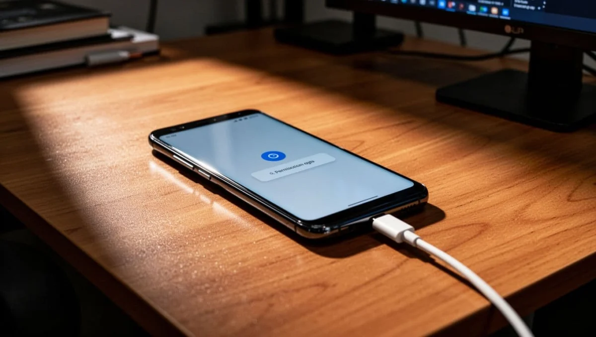 Android smartphone on office table displays MyPhoneExplorer Client app with faint permissions dialog, USB cable nearby.