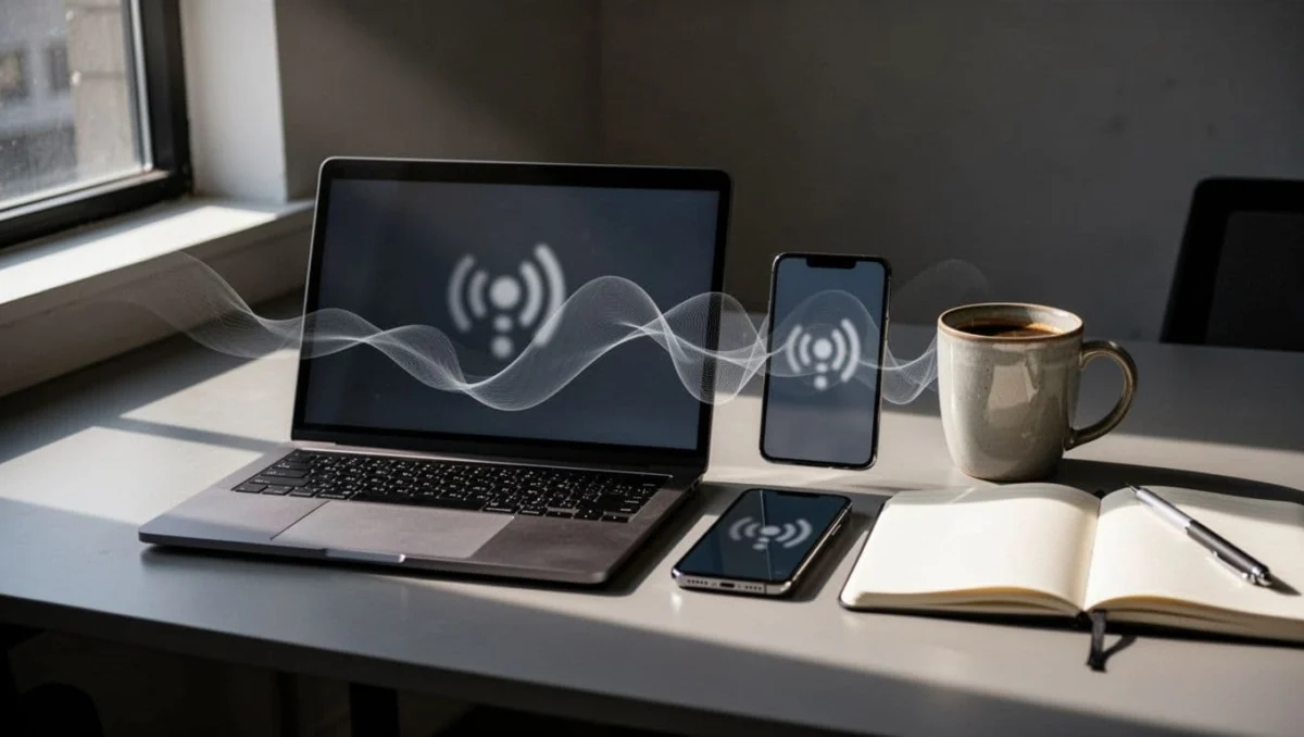 Laptop and smartphone on office desk with coffee mug and notebook, faint WiFi icons on blurred screens and subtle connection waves between.