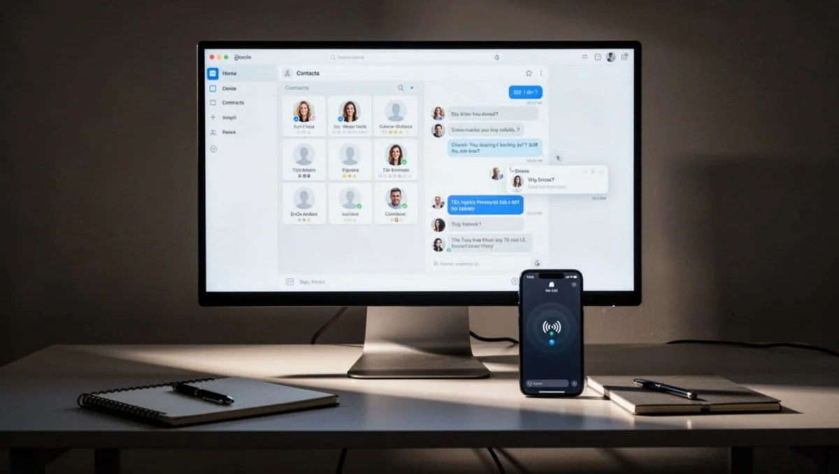 Windows PC screen shows phone app with contacts list and SMS chat open, connected phone on modern desk with notebook.
