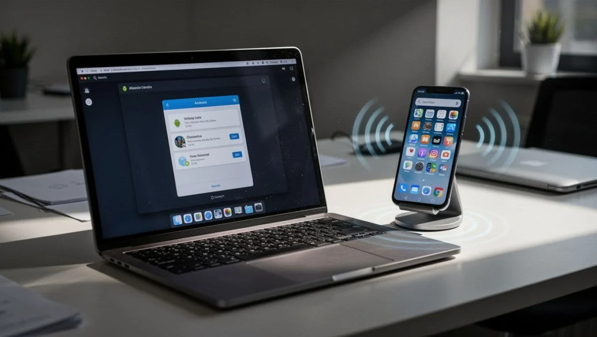 Laptop displays mirrored Android phone screen with angled remote control interface, phone on stand next to keyboard.