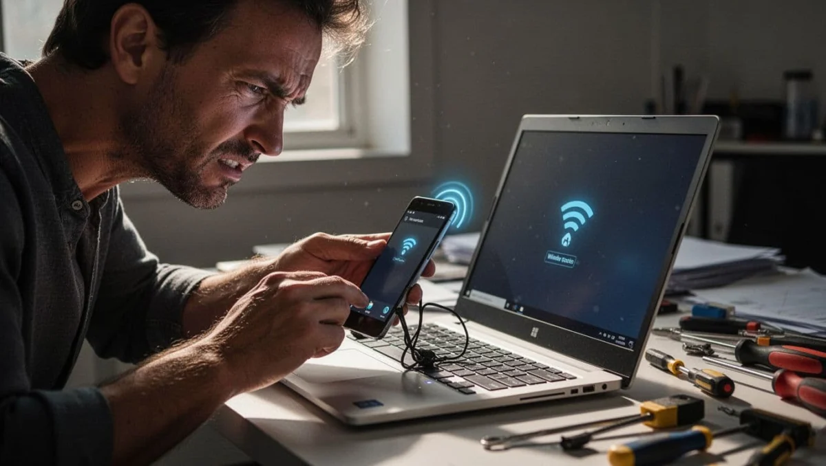 Close-up of frustrated person with loose USB cable between Android phone and Windows laptop, weak WiFi icons, faint error on screen, cluttered desk.