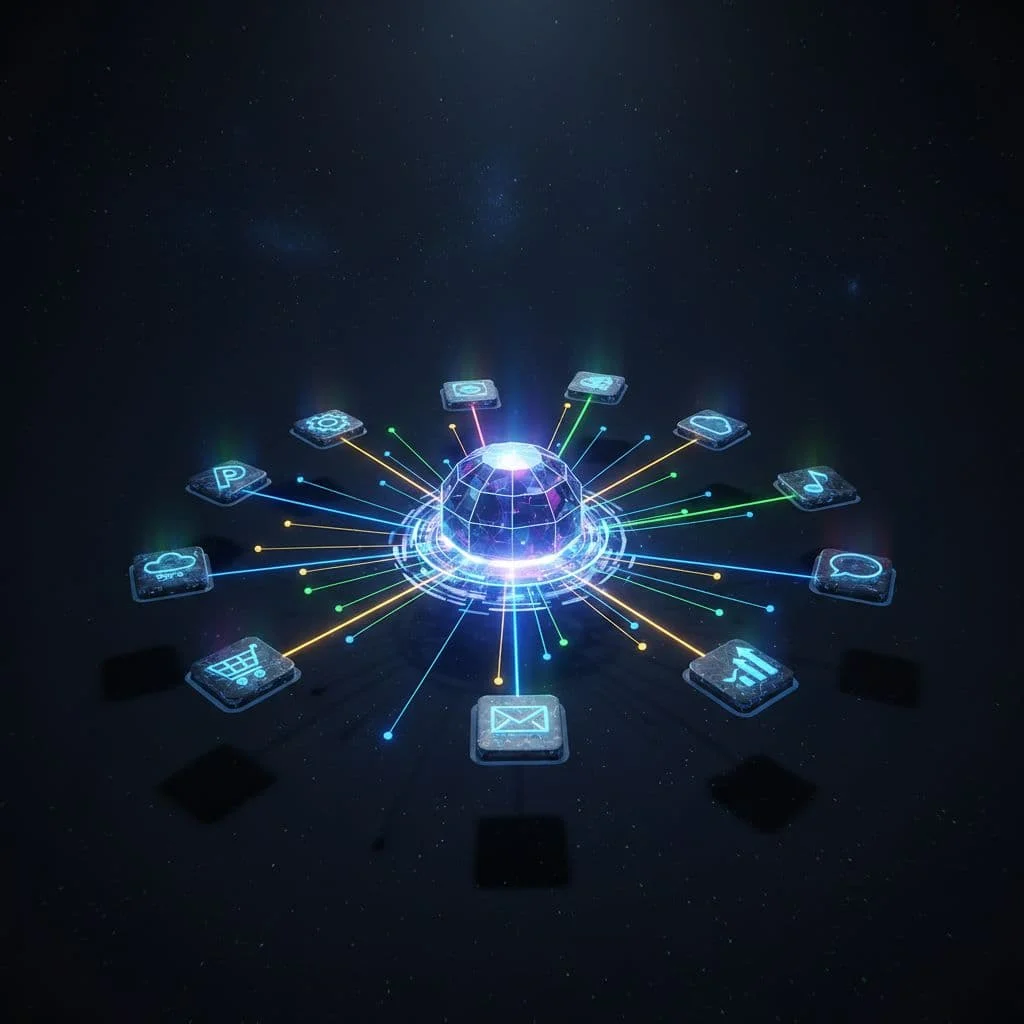 A central glowing data hub connects to multiple application icons through intricate lines of light.
