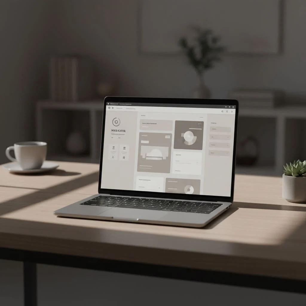 Open laptop on tidy desk displays organized minimalist digital interface under dramatic lighting.