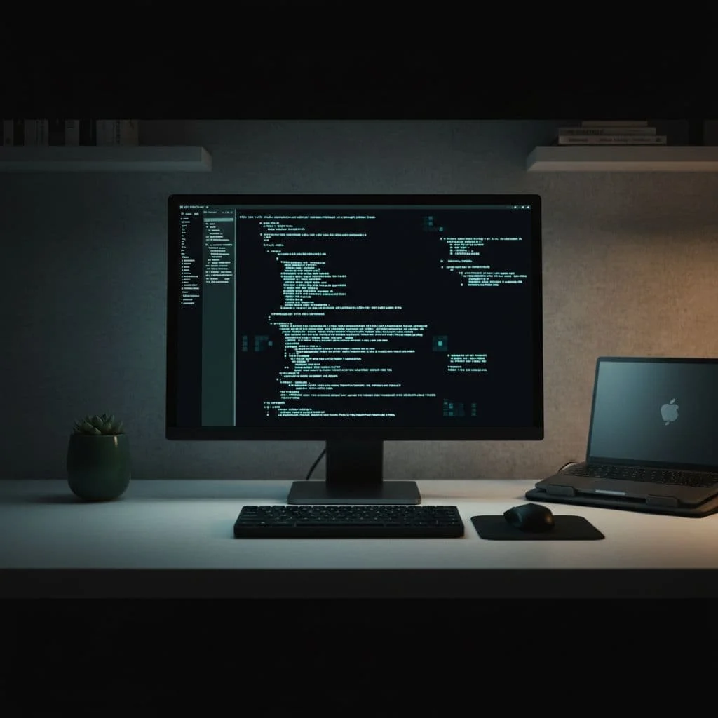 A clean desk features a single monitor displaying a command line interface in a dimly lit room.