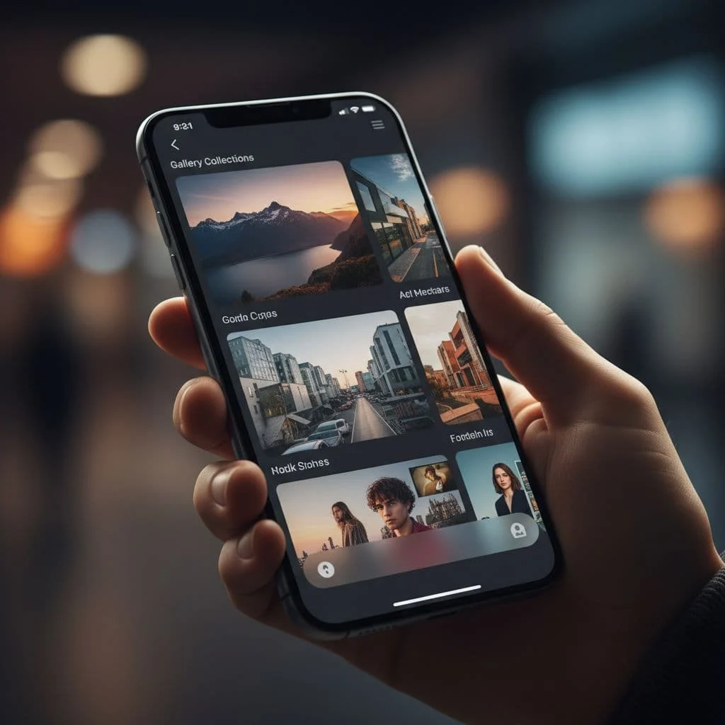 A person holds a smartphone displaying a clean gallery application layout with organized photo collections.