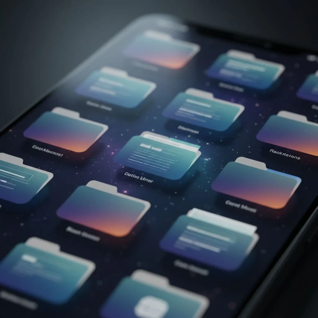 A smartphone screen displays a clean file management interface featuring minimalist folder icons under dramatic lighting.