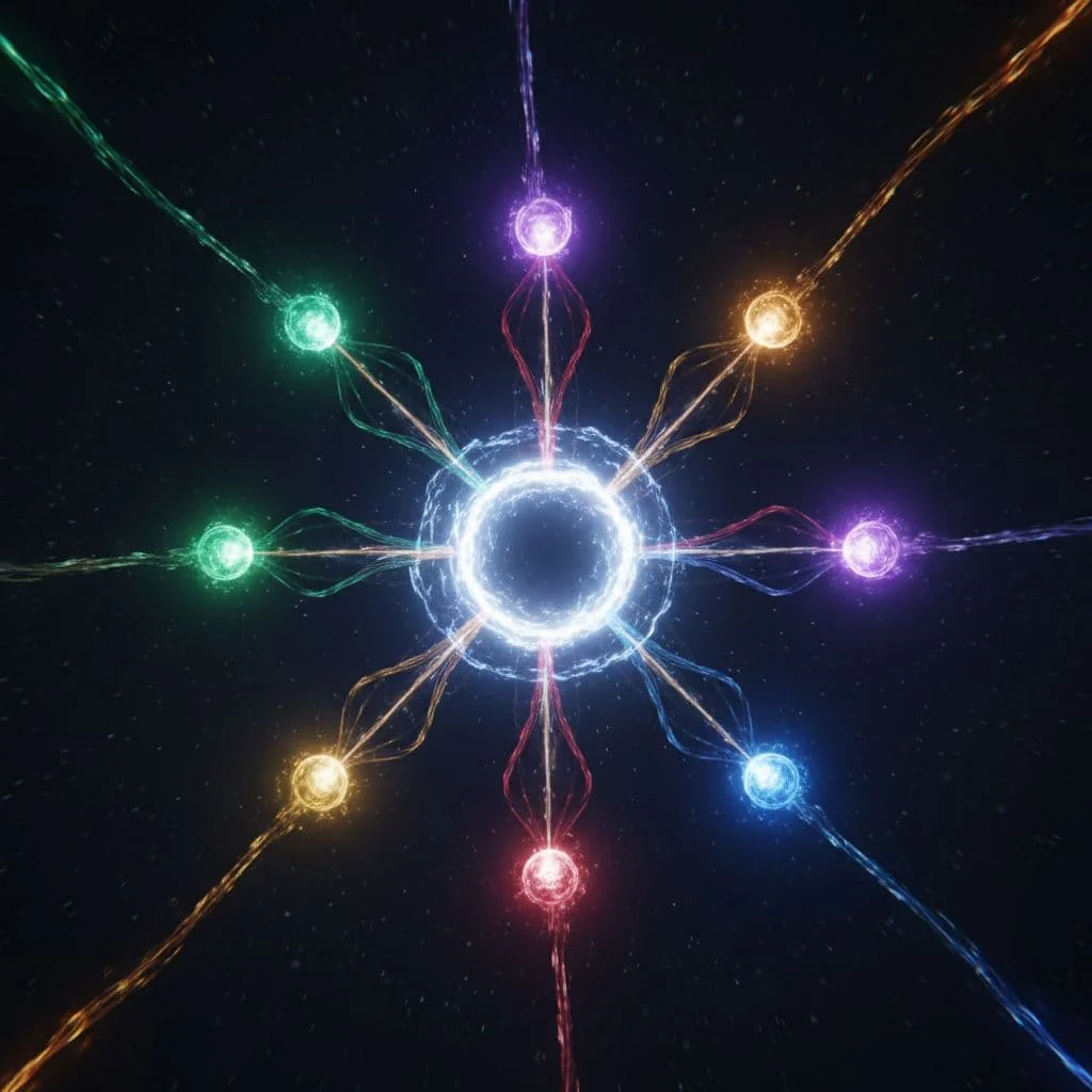 A glowing central portal connects multiple vibrant nodes through light trails against a dark background.