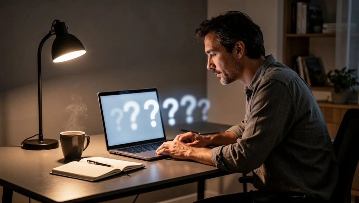 Person leans forward at home office desk over blurred laptop screen with question mark icons, coffee mug and notebook nearby.