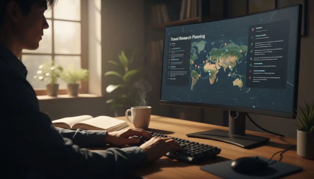 Person at home desk with notebook and coffee views blurred maps and lists on screen.