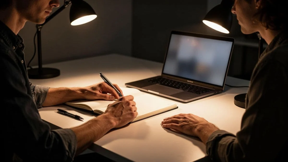 Person sits at modern desk with open notebook of planning notes, pen nearby, blurred laptop showing empty search bar, warm lamp lighting.