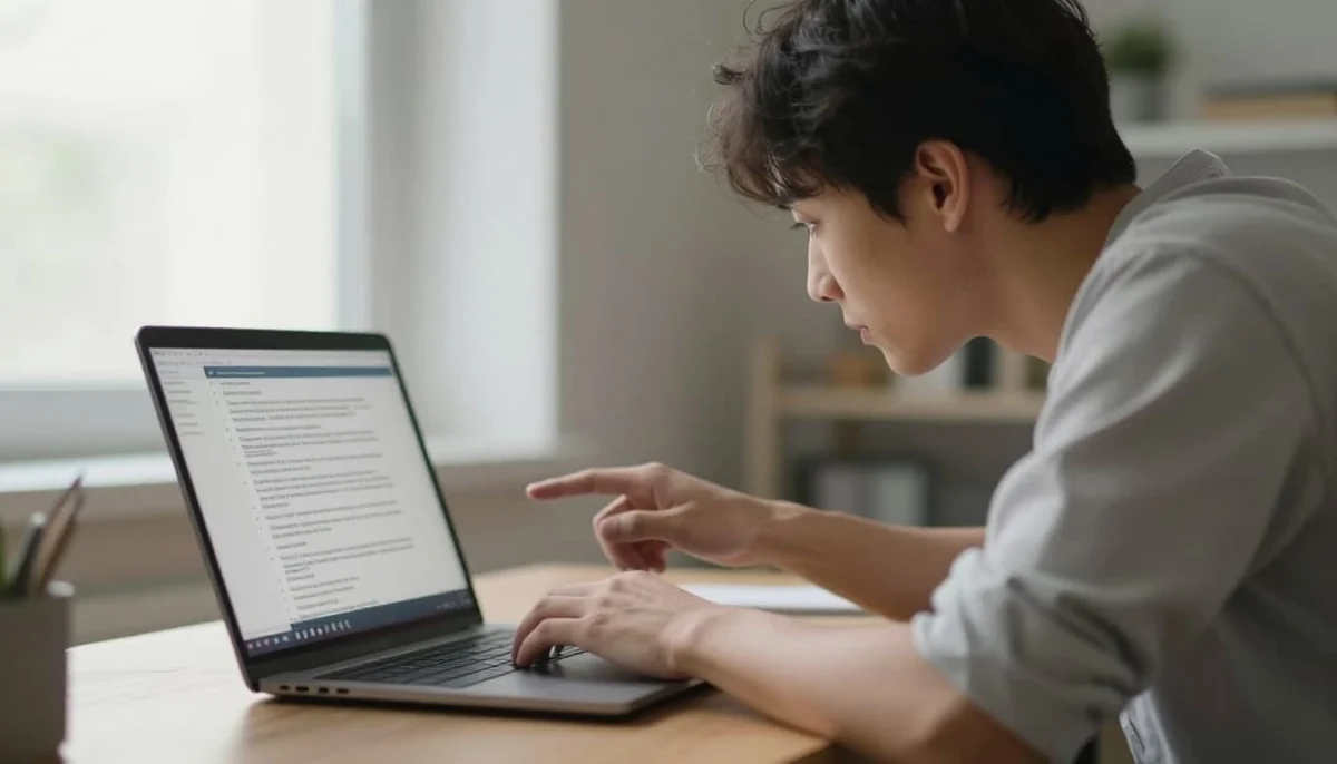 Person leaning forward at desk in modern home office, pointing at blurred laptop screen with structured report and citation numbers.