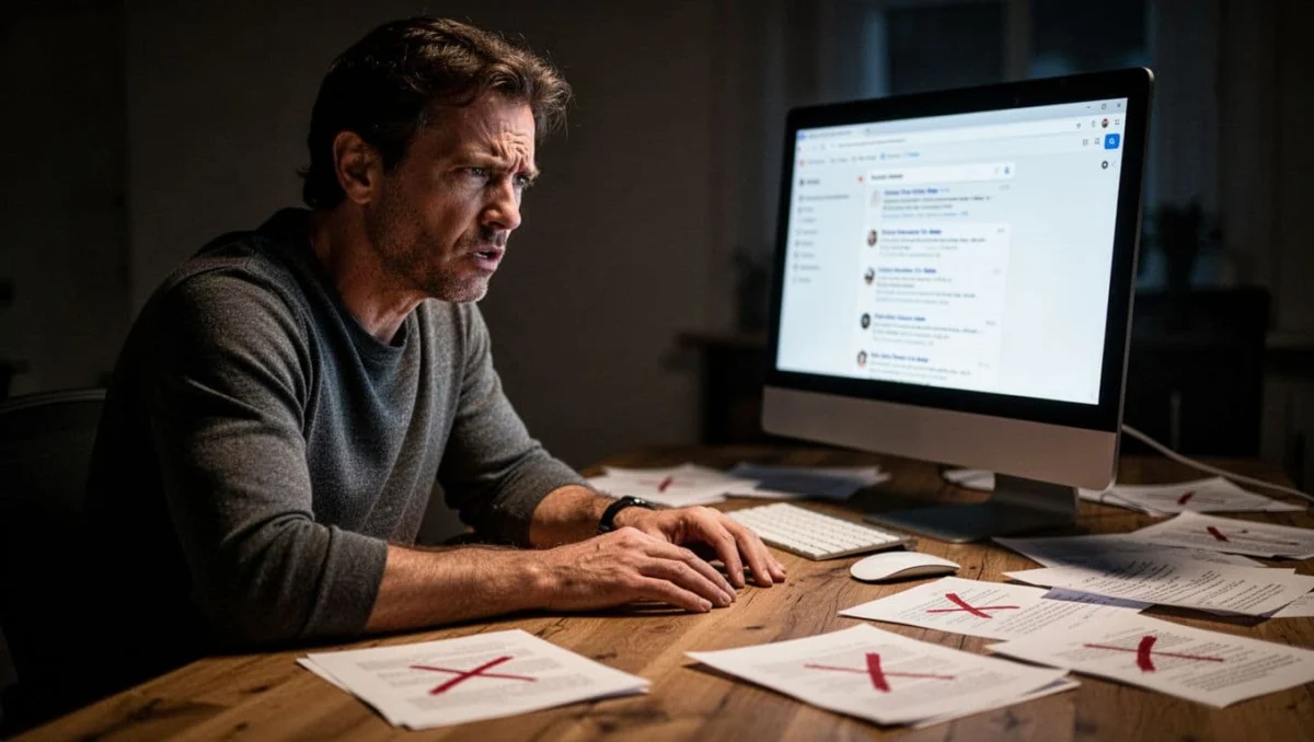 Person at desk looks frustrated at blurred generic search results on screen amid scattered papers with red X marks.