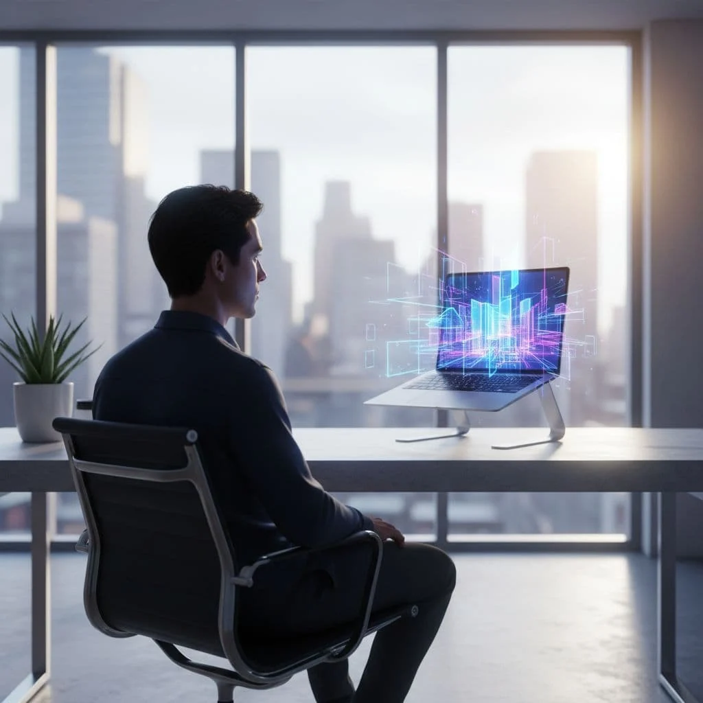 A focused professional works on a laptop in a minimalist office with digital architecture glowing on screen.