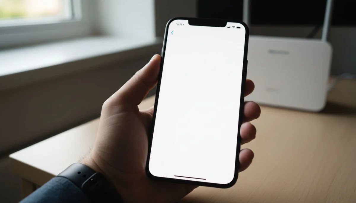 Hand holds iPhone 15 showing Safari on blank white loading screen, desk with subtle WiFi router.