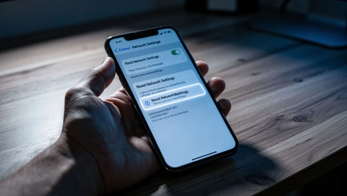 Hand holds iPhone on wooden desk showing blurred Reset Network Settings screen.