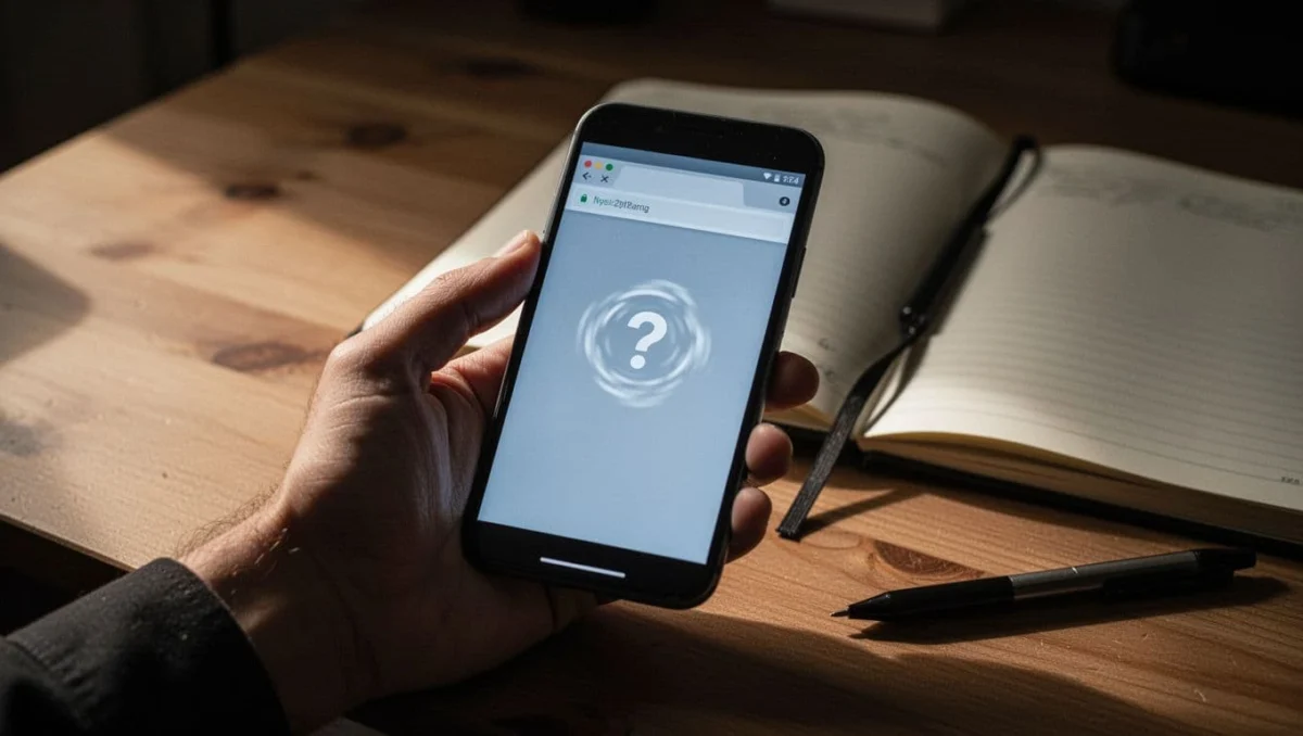 Hand holds iPhone showing stuck Safari loading spinner and question mark on wooden desk with notebook.