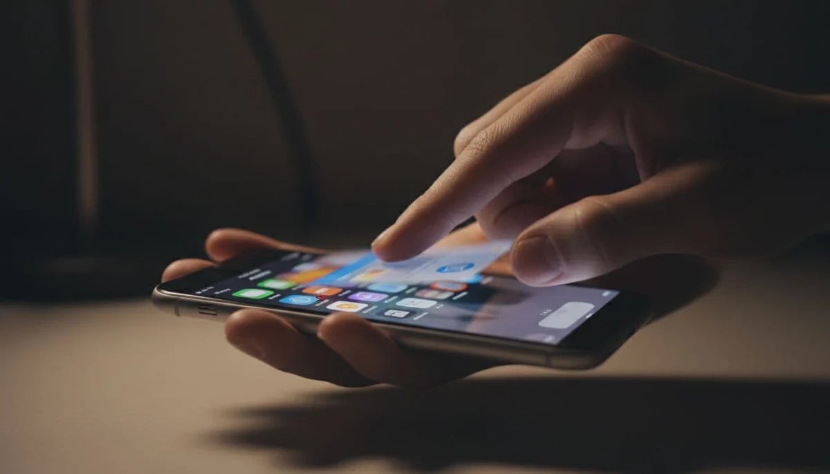 One hand swipes up on iPhone app switcher to force close Safari preview, with motion blur on dark background.
