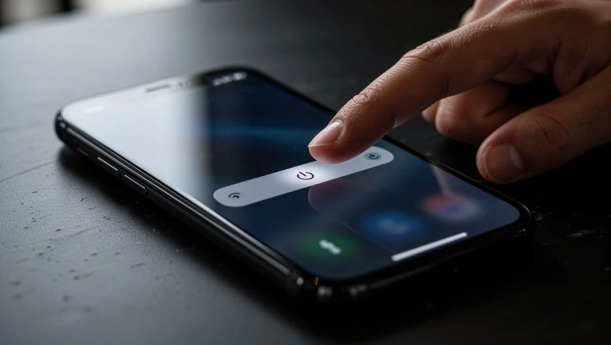 Close-up iPhone screen shows slide to power off slider pressed halfway by one finger against blurred dark table.