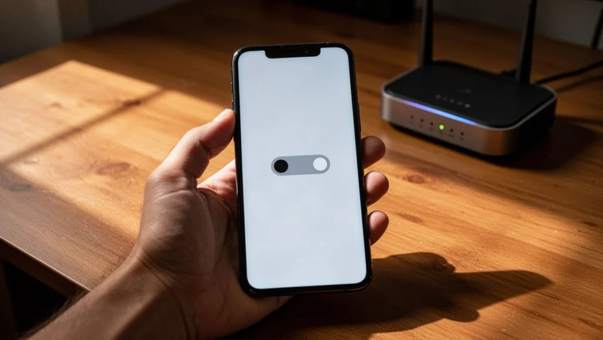 Close-up of hand holding iPhone 15 with Settings app open to VPN off toggle on wooden desk near router.