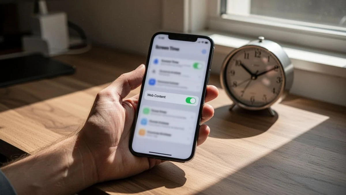 Hand holds iPhone on desk with clock, blurred screen showing Screen Time web content restrictions toggled unrestricted.