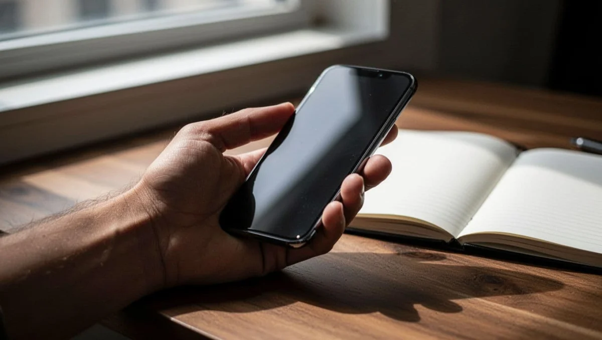 Hand holds iPhone 15 showing blurred Safari clear history screen on wooden desk with notebook.