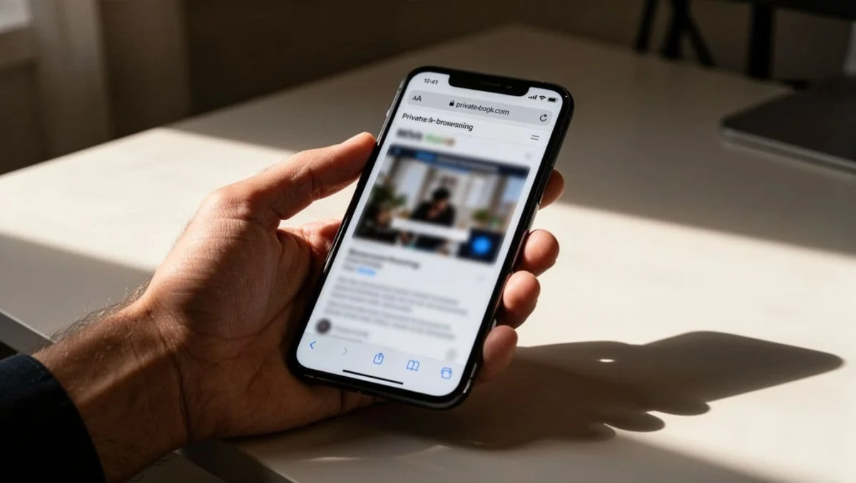 Hand holds iPhone on desk showing Safari Private Browsing with blurred website partially loaded.