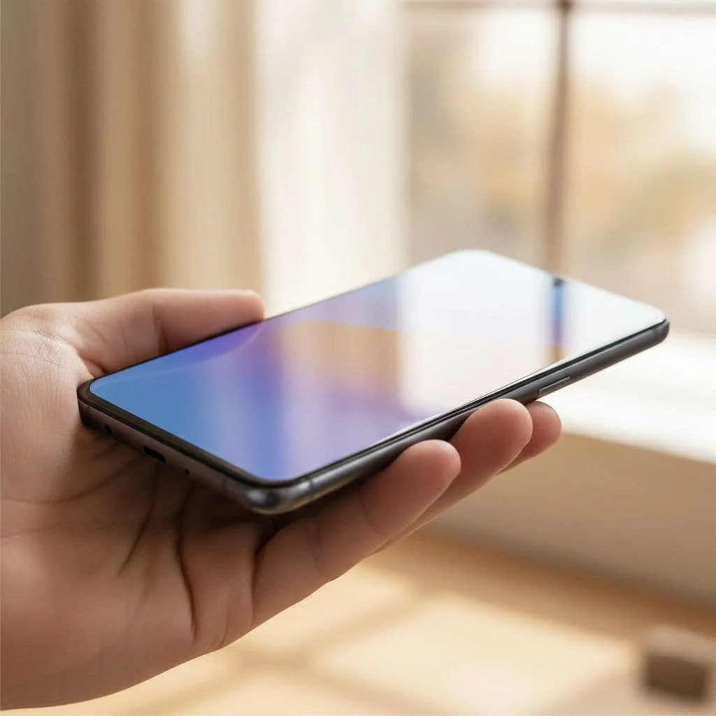 A hand holds a sleek smartphone with a clear display in a brightly lit indoor space.