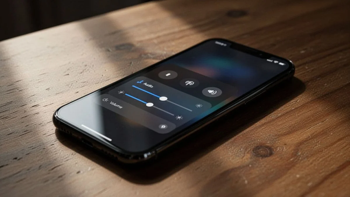 Angled smartphone on table shows quick settings panel with Dolby Atmos toggle and Galaxy Buds 4 Pro volume slider.