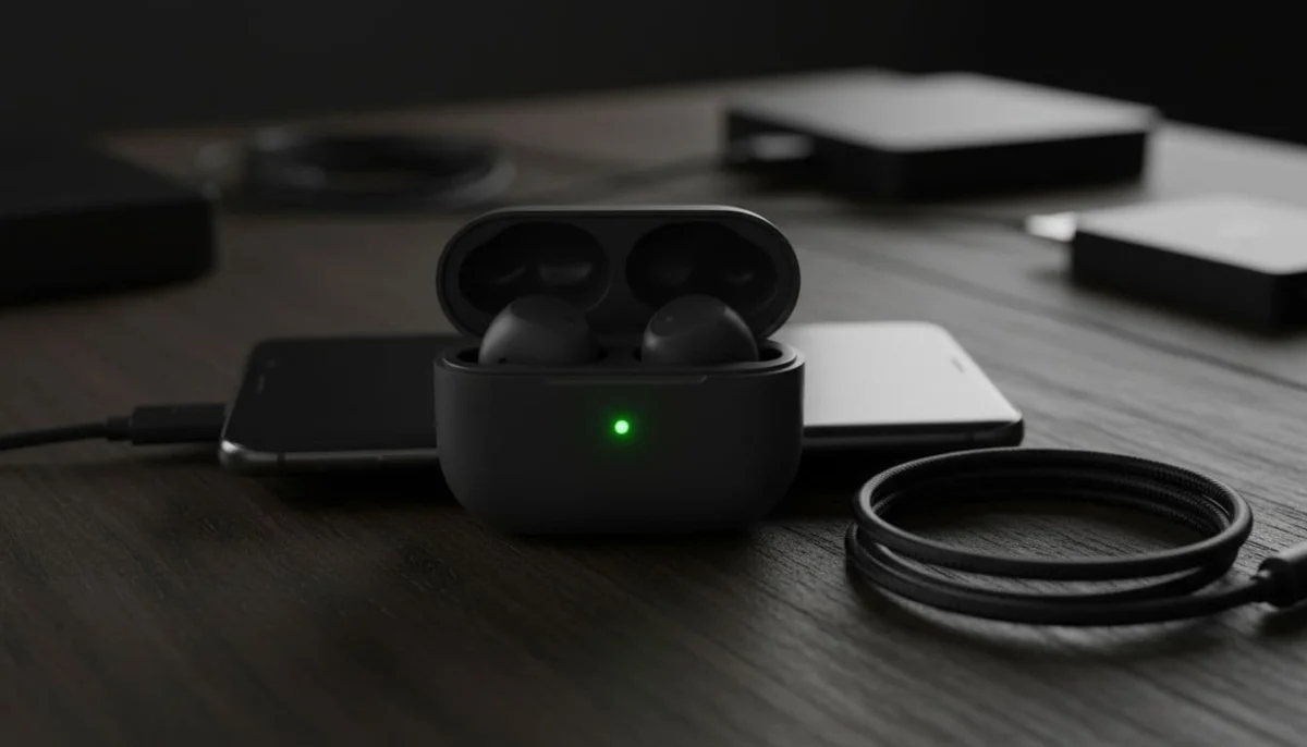Open Galaxy Buds 4 Pro charging case on table with glowing green LED indicator, nearby USB-C cable, and phone reverse charging it.