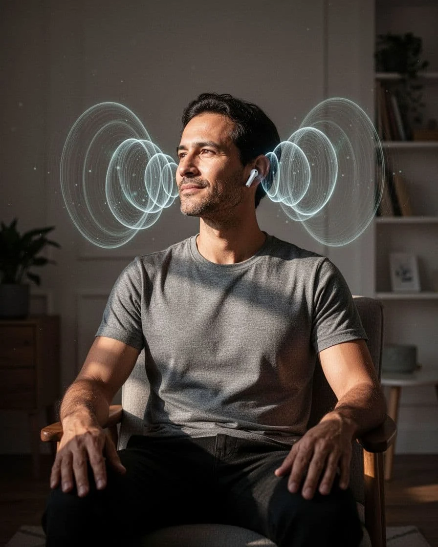 Person wearing Samsung Galaxy Buds 4 Pro with 360 sound waves around head, slightly turned in room.