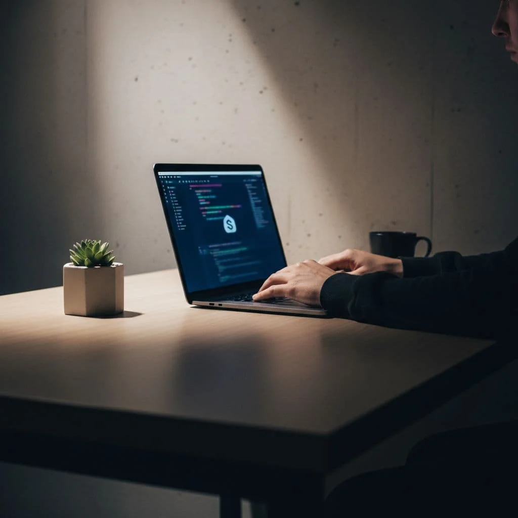 A sleek laptop displays complex code against a dark, high-contrast backdrop. The dramatic lighting emphasizes the clean workspace, highlighting the professional environment of a modern web developer at work.