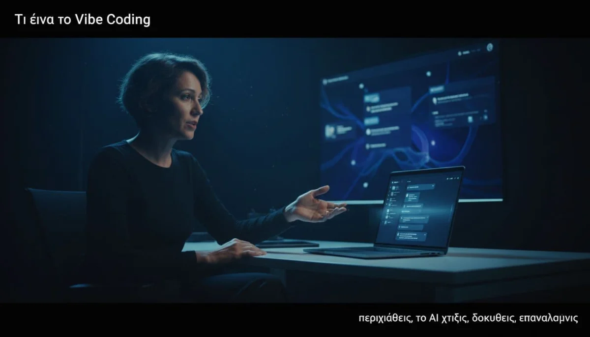 Person at modern desk gestures toward laptop screen with app preview in split composition, dark night office with high contrast lighting.