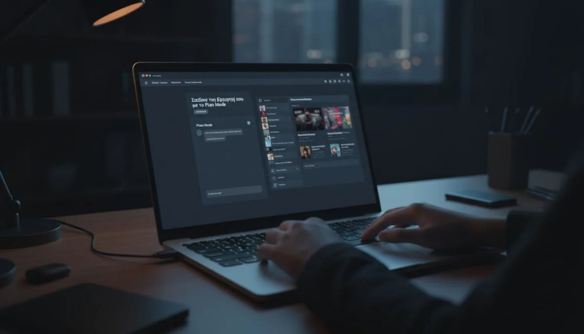 Laptop on desk in dimly lit room shows clean app builder dashboard with plan mode chat and movie recommendation preview.