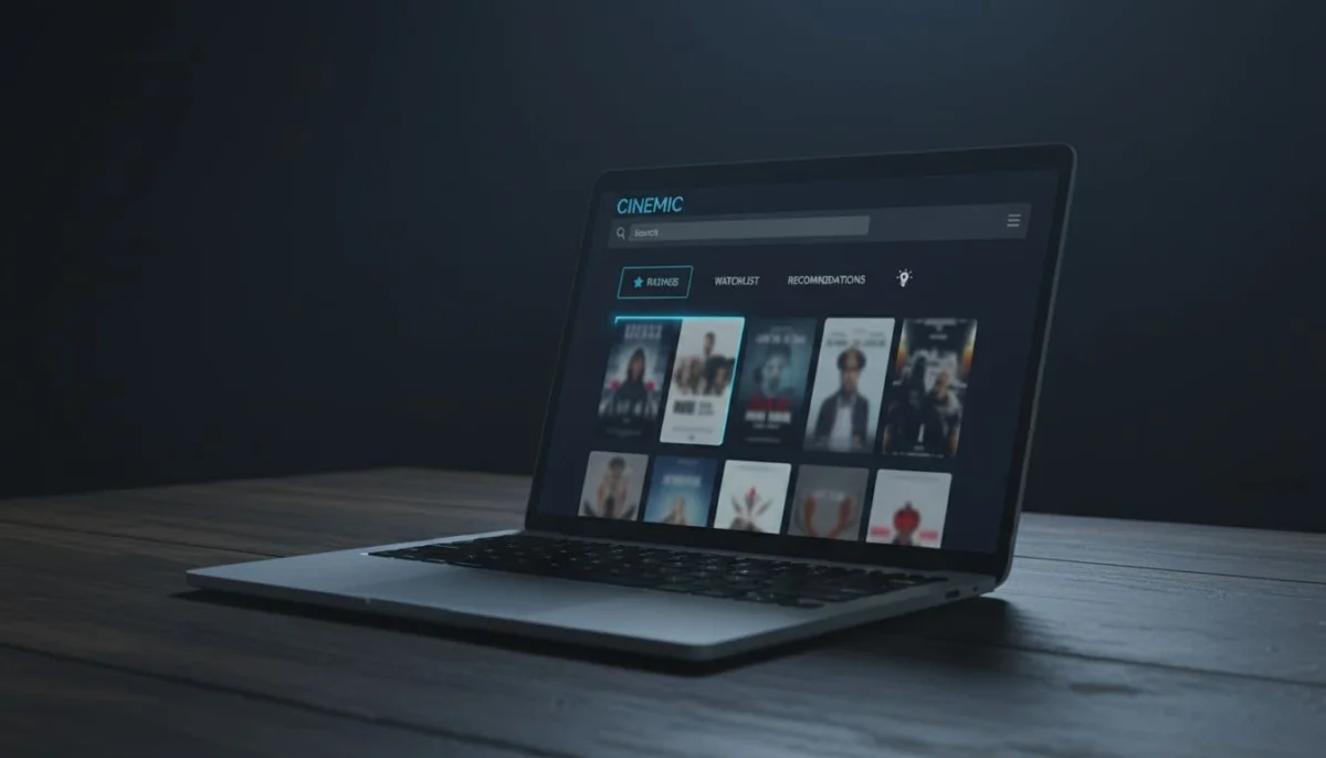Angled laptop on table displays dark-themed movie recommendation app interface with film thumbnails and tabs in low-light setting.