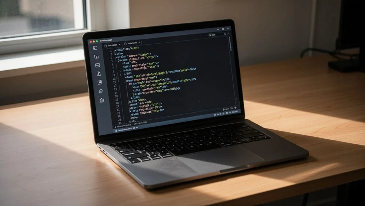 Laptop screen shows VS Code with left activity bar, central HTML editor, and bottom status bar on a desk.