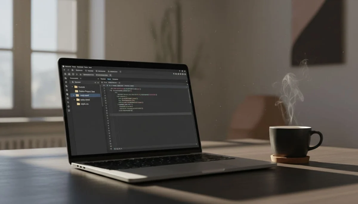 Laptop screen shows VS Code explorer with open HTML and CSS tabs, simple project folder, coffee mug on desk.