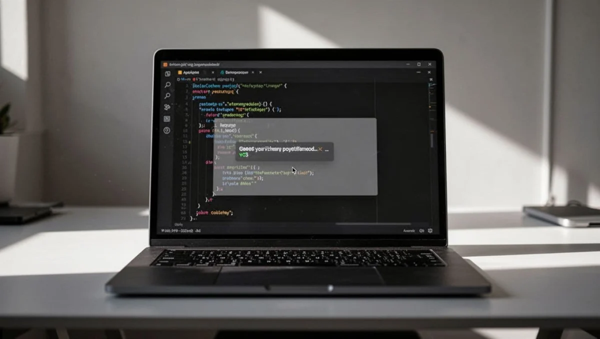 Laptop screen in modern workspace shows VS Code editor with faint gray GitHub Copilot code suggestion and ready cursor.