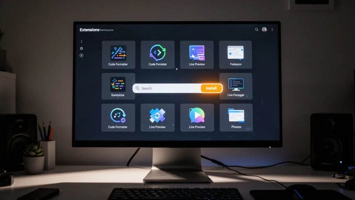 Desktop monitor shows VS Code extensions page with Python search, highlighted install button, and popular extensions like Prettier.