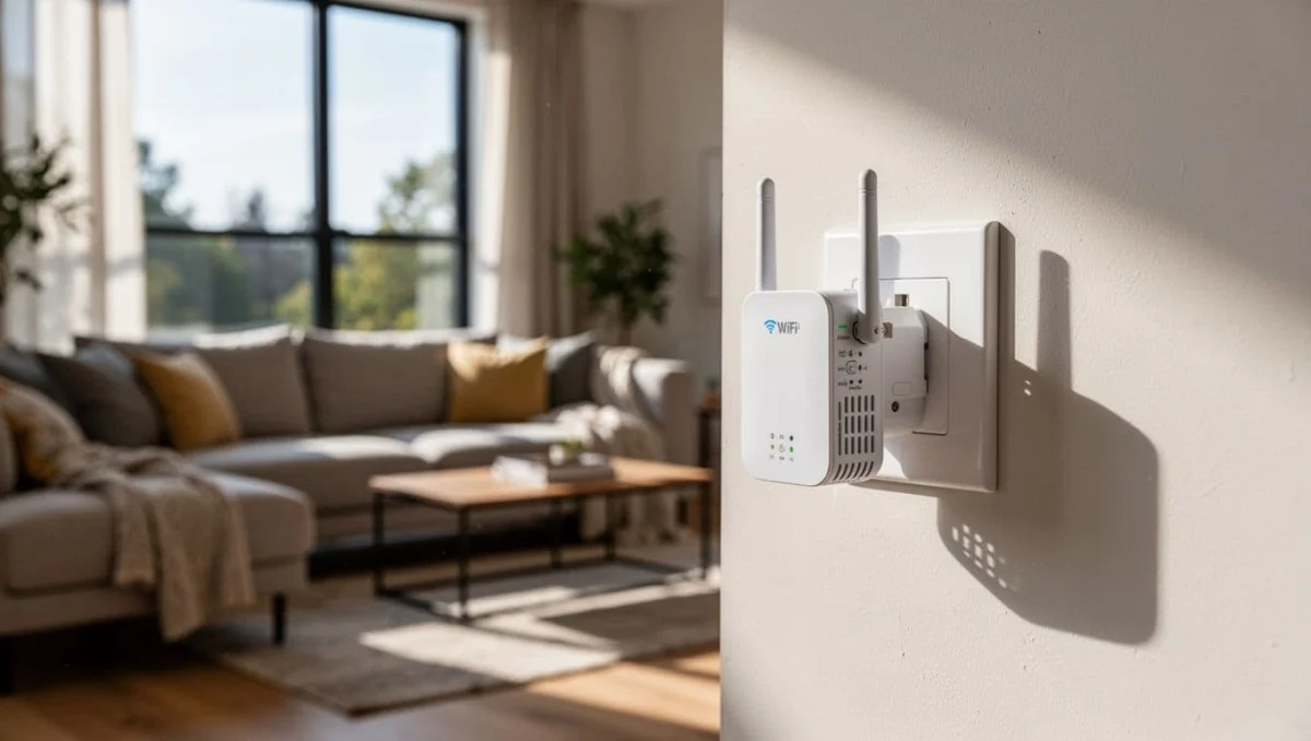 Small WiFi extender plugged into wall outlet in cozy living room with sofa and window.