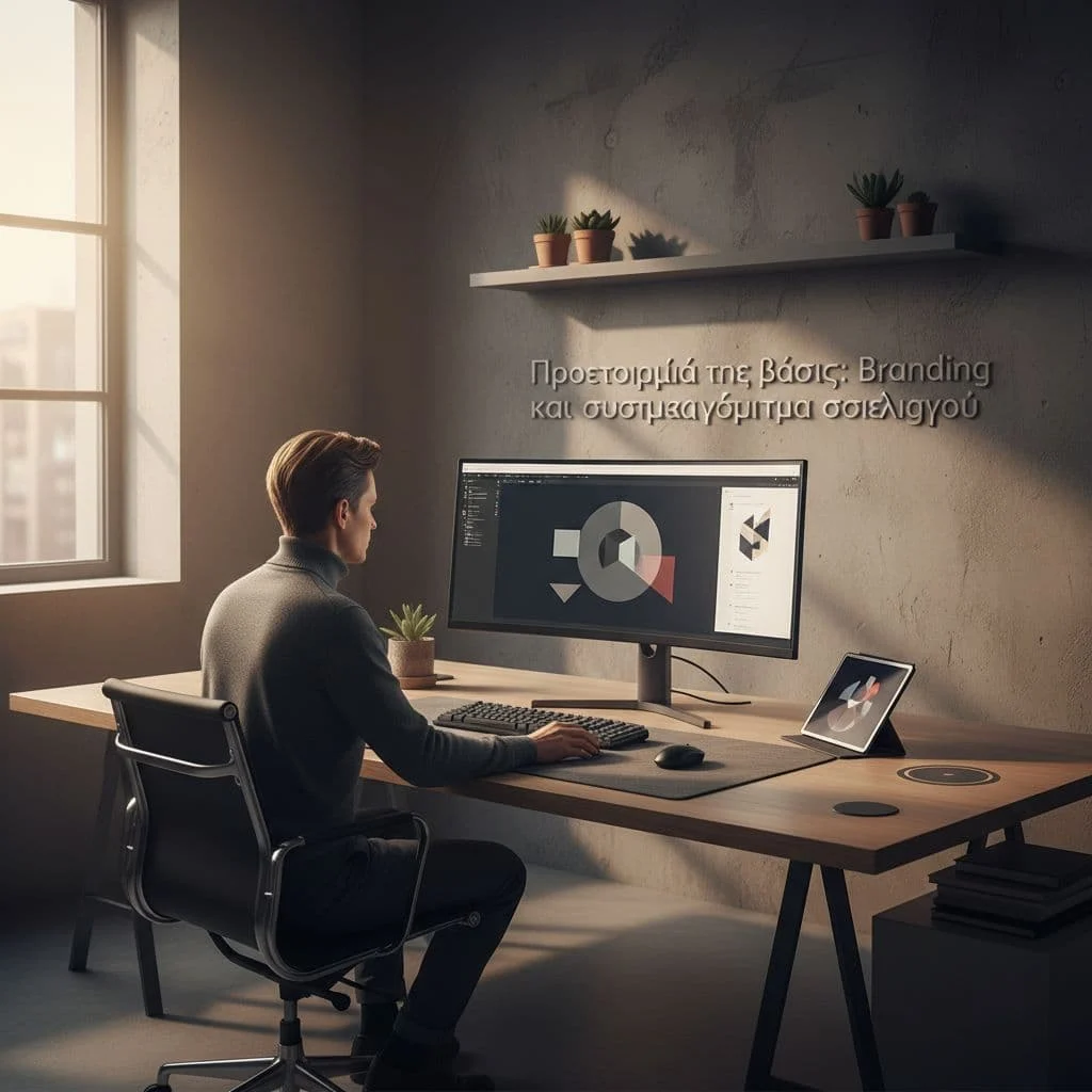 A designer works on a clean computer setup within a minimalist office space.