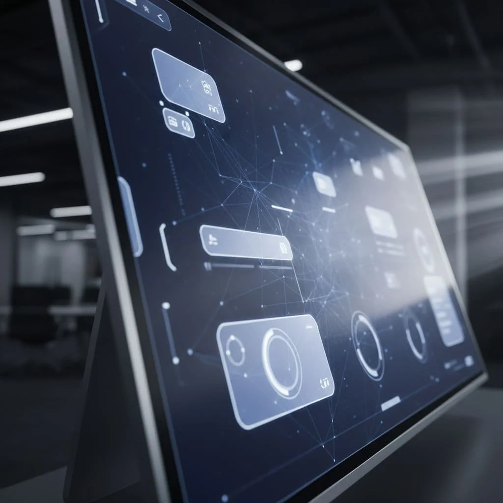 A modern digital interface display shown at a sharp angle with a shallow depth of field.