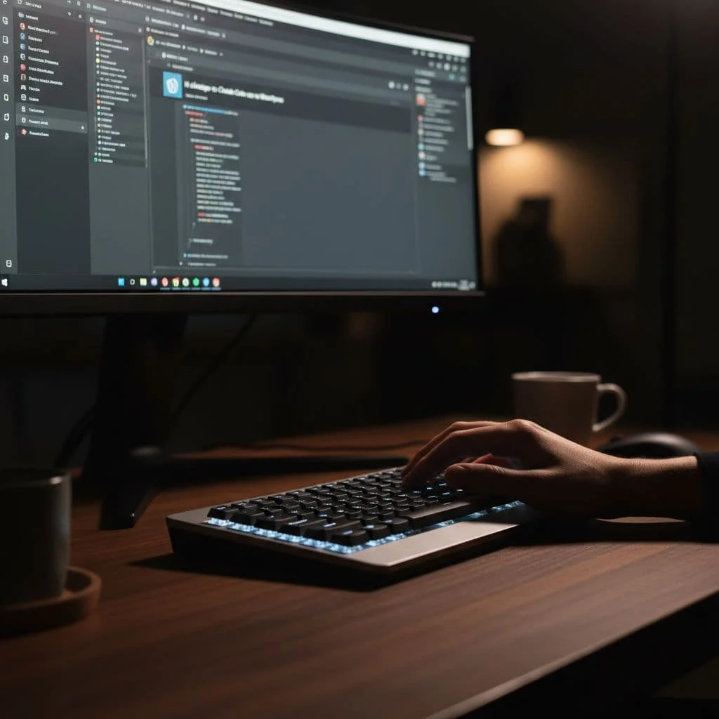 Close-up view of hands typing on a computer keyboard within a clean, professional workspace.
