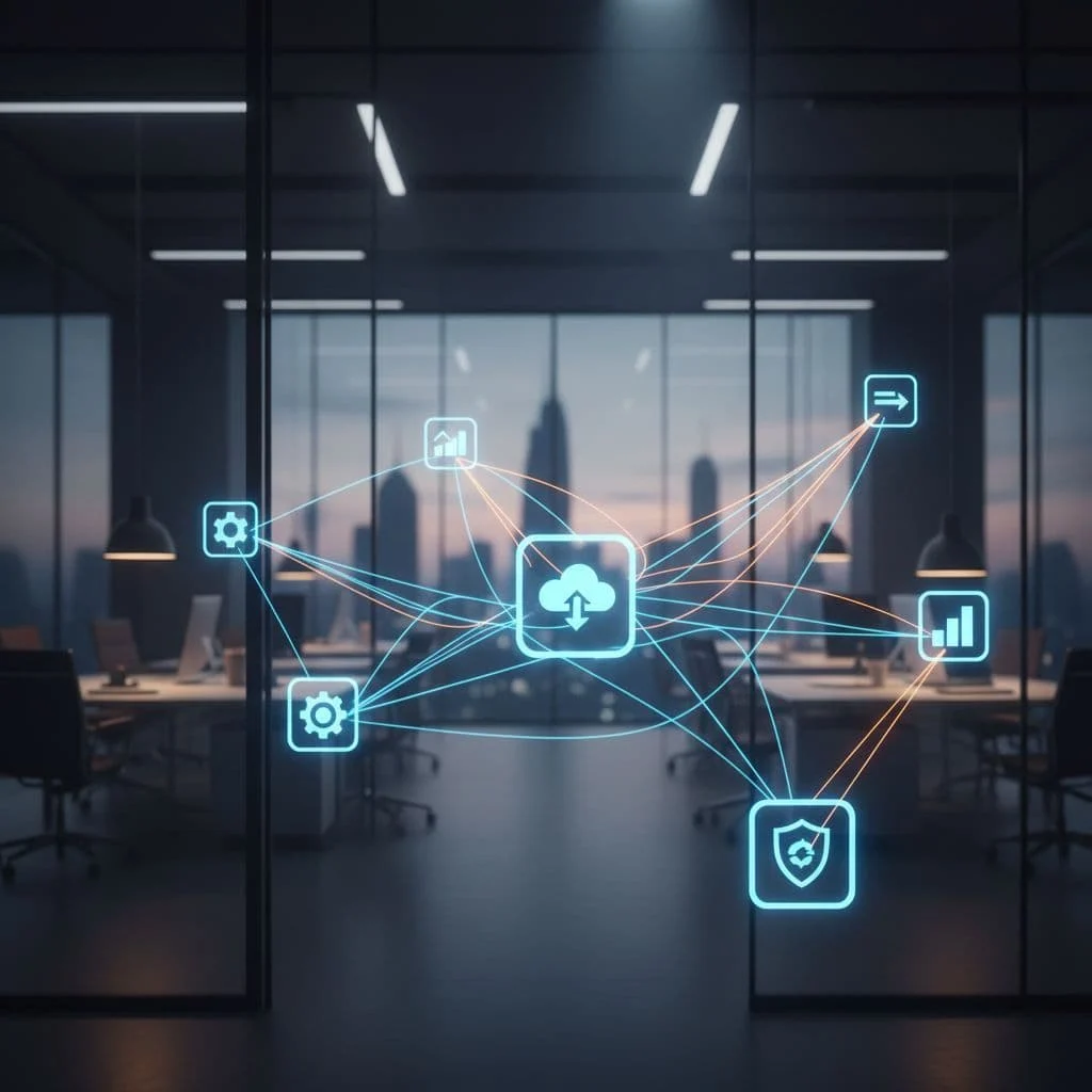 Glowing abstract lines link various application icons within a professional office setting.