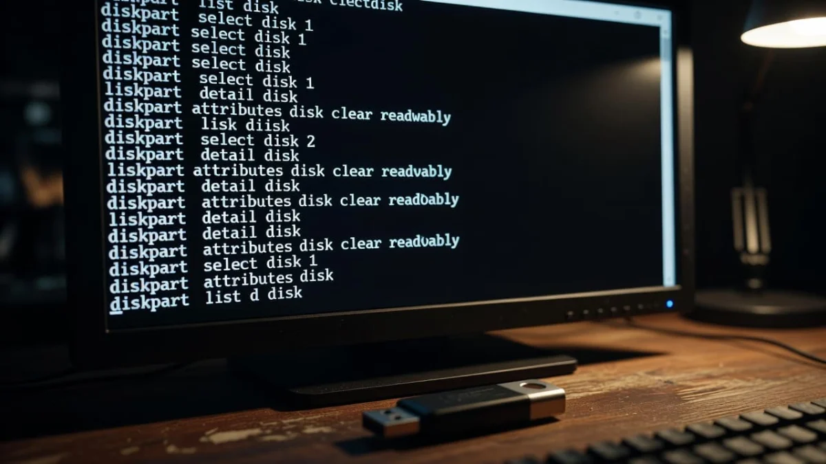 A computer monitor displays active diskpart command lines for troubleshooting storage devices. A metallic USB flash drive sits slightly out of focus on the dark desk surface in the immediate foreground.