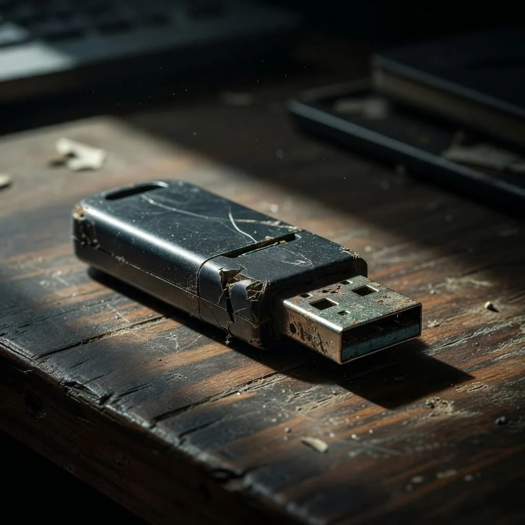 A weathered USB drive sits on a dark wooden desk, showcasing a scratched plastic casing and an oxidized metal connector.
