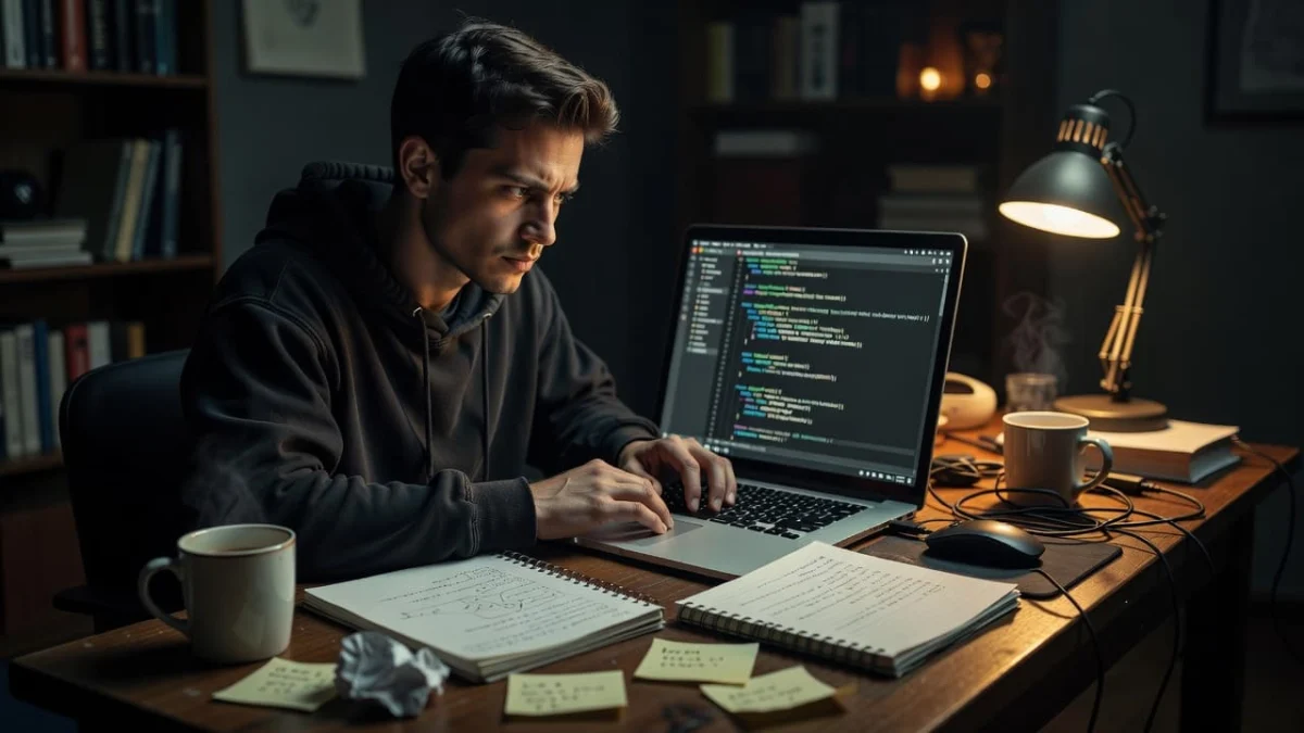 A focused developer sits at a clean wooden desk, configuring an integrated development environment on their laptop. Soft cinematic light highlights the keyboard while the blurred background creates professional depth.