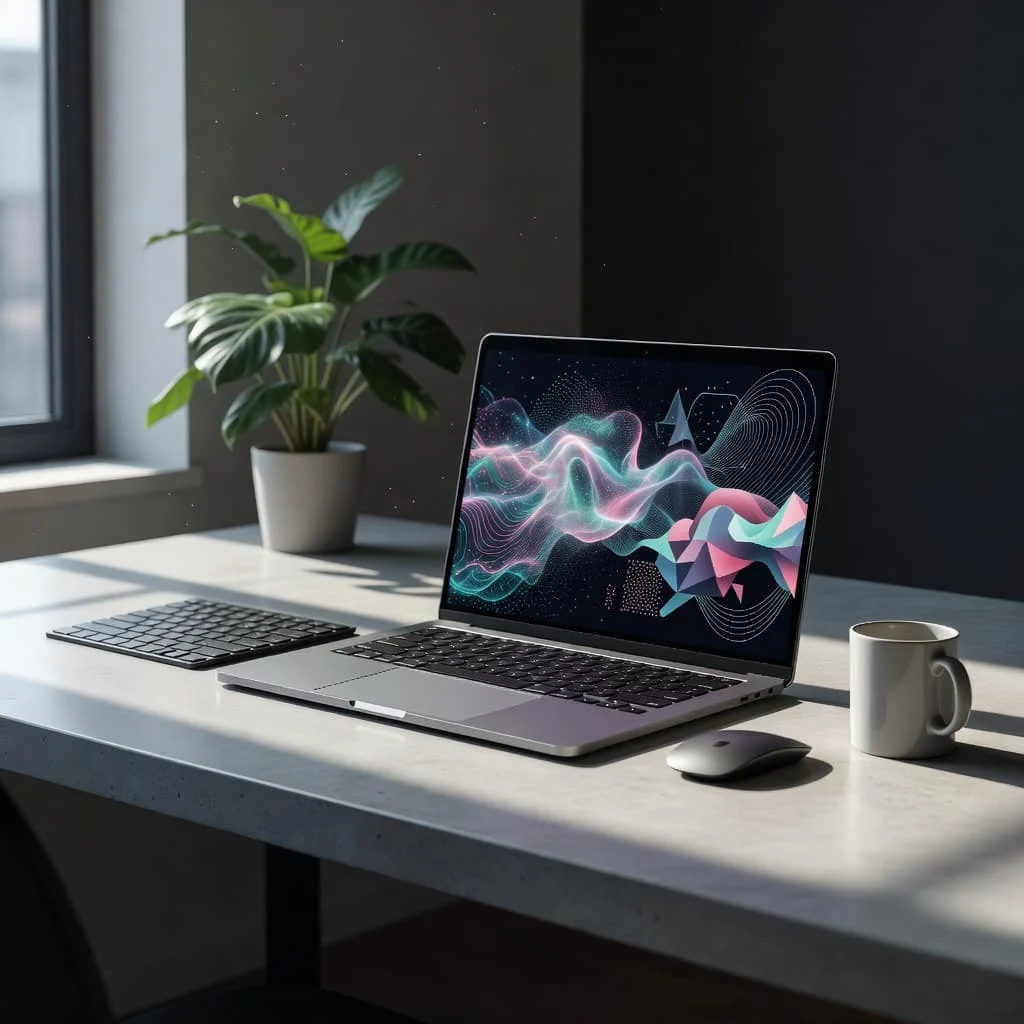 A sleek silver laptop rests on a clean white desk, displaying a vibrant abstract digital interface. Soft morning sunlight filters through a nearby window, illuminating the sharp workspace setup.