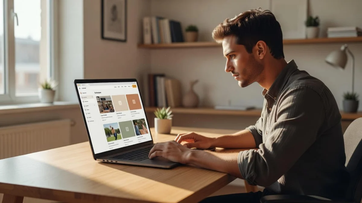 A focused individual interacts with a sophisticated website interface on a sleek laptop screen. Warm sunlight illuminates the organized desk, highlighting a clean setup optimized for digital creativity and web development.